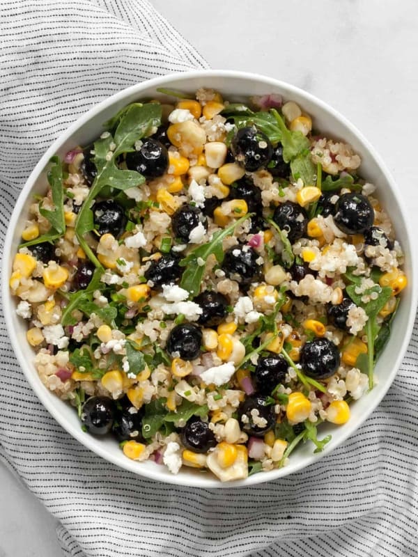 Blueberry salad with corn and quinoa in a bowl.