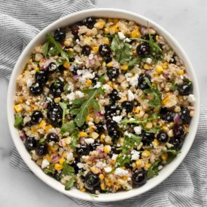 Blueberry salad with corn and quinoa in a bowl.