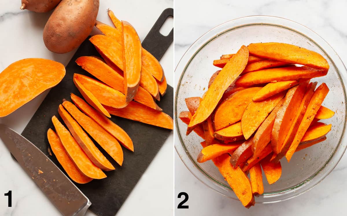 Sliced sweet potatoes on a cutting board. Potatoes mixed with oil and spices in a bowl.