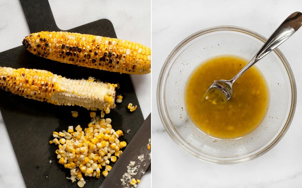 Slice the kernels off the cobs. Then whisk together the vinaigrette in a bowl.