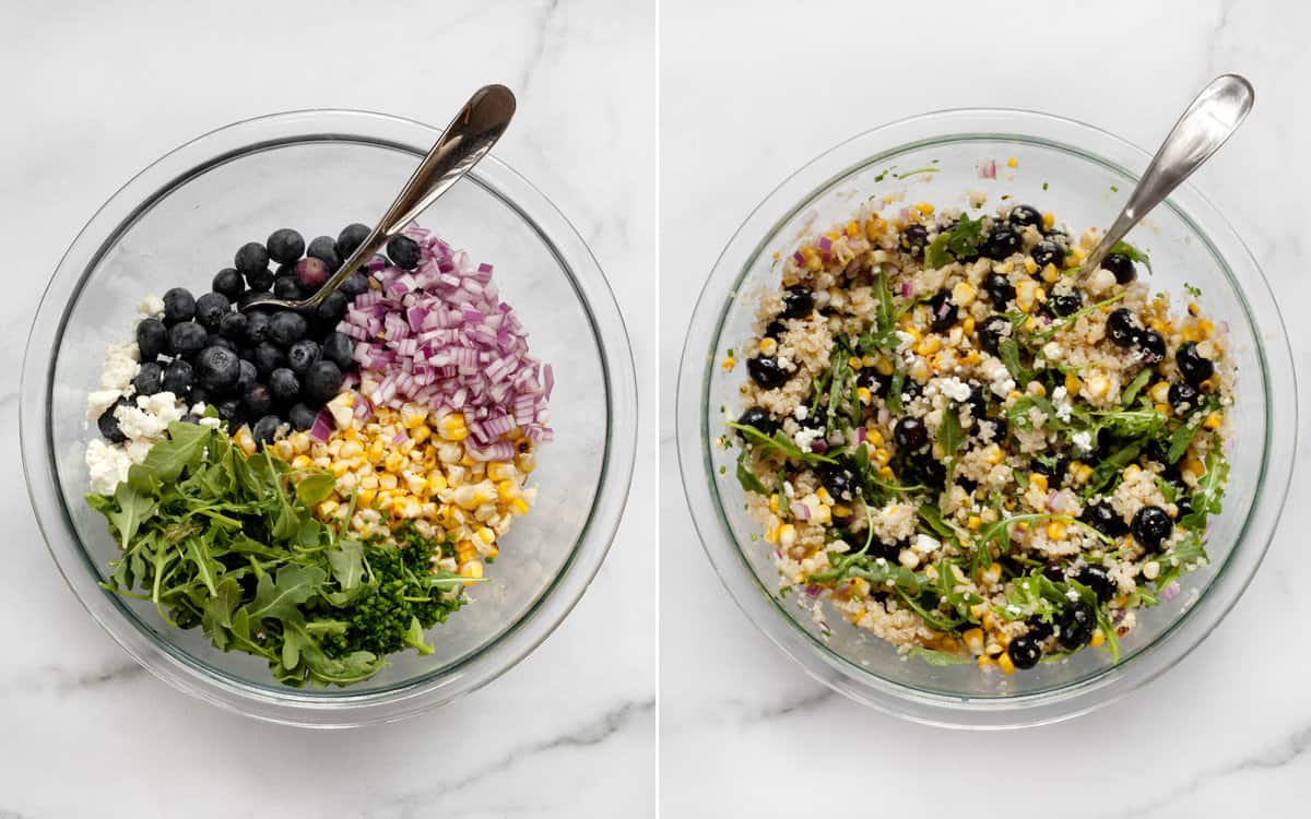Combine the salad ingredients in a bowl and stir in the quinoa.
