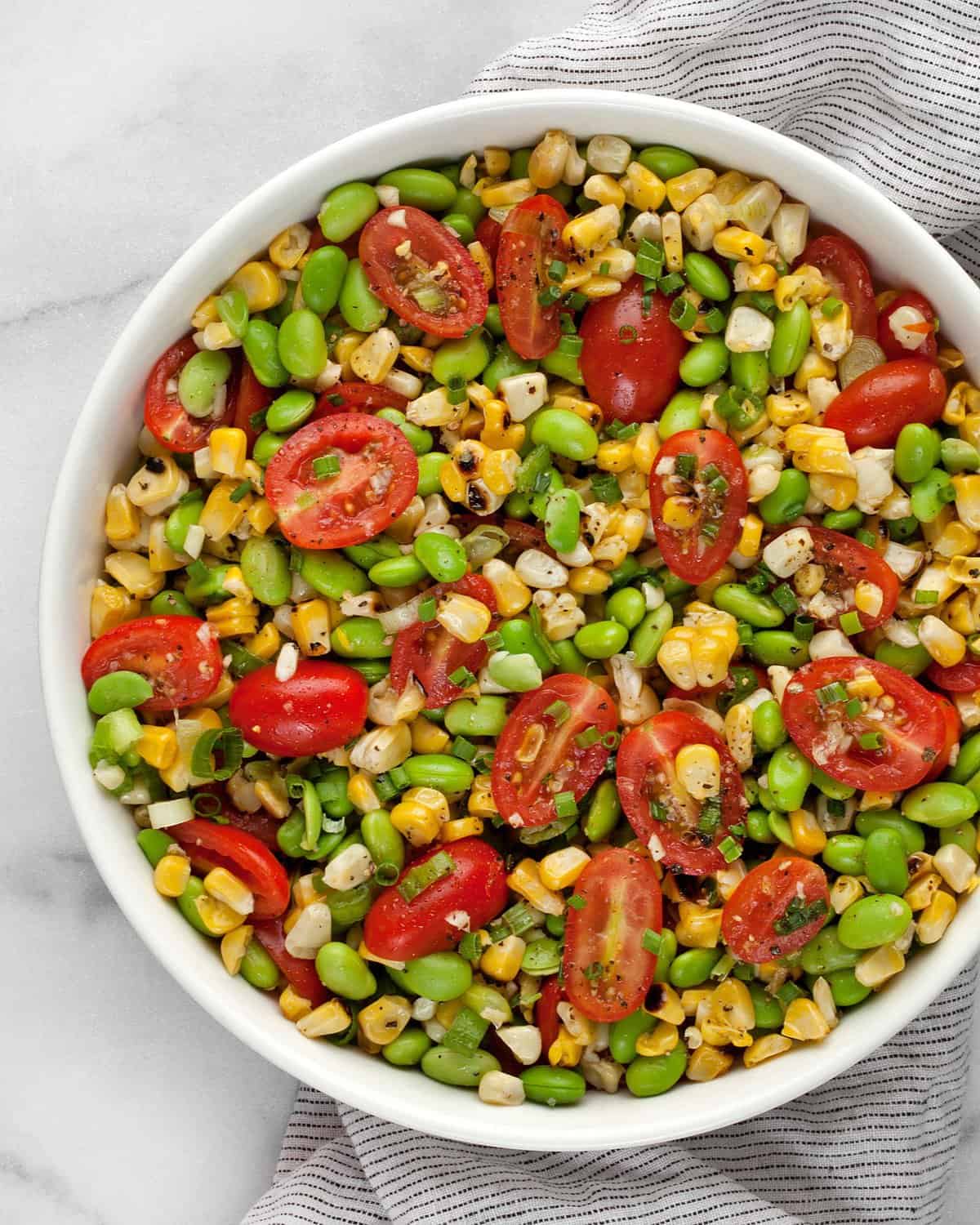 Grilled corn succotash in a bowl.