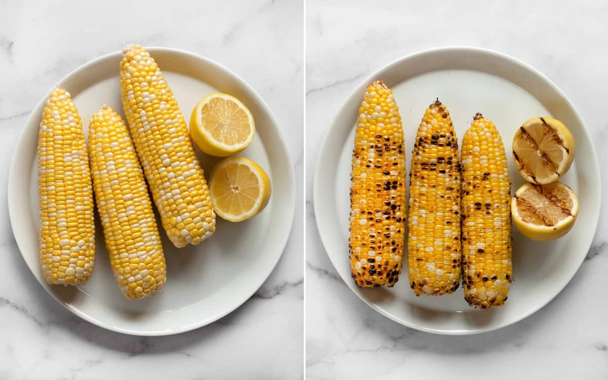 Corn and lemon on a plate before and after grilling.