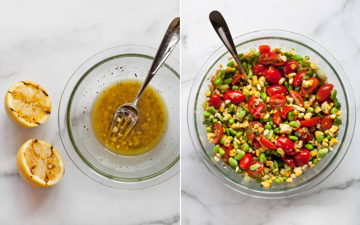 Whisk together the olive oil and grilled lemon juice in a small bowl. Then stir it into the bowl with the succotash.