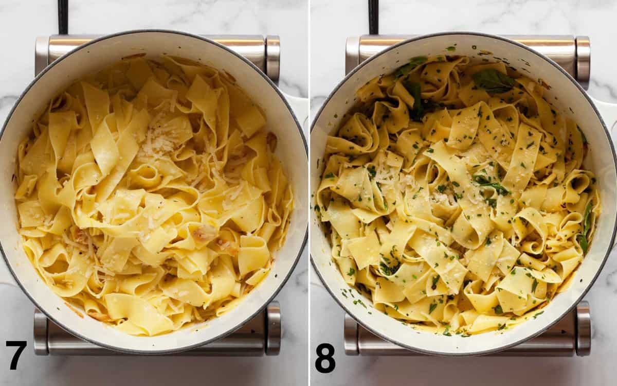 Stir the parmesan cheese into the pasta and then the fresh herbs.