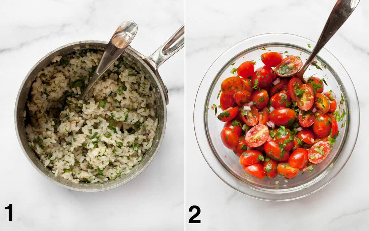 Cilantro lime rice in a small pot; pico de gallo in a small bowl.