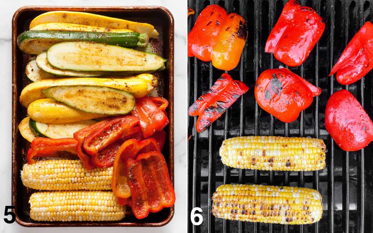 Marinated vegetables on a sheet pan; vegetables on the grates of the grill.