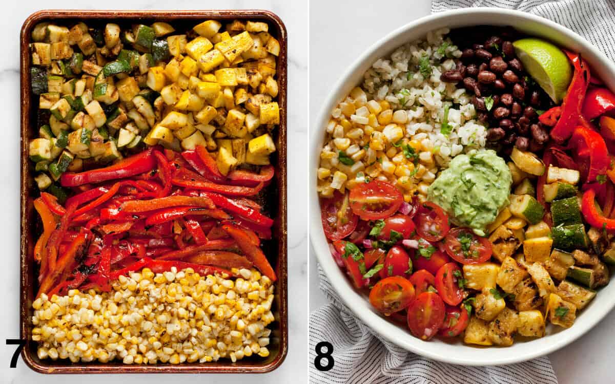 Cut grilled vegetables on a sheet pan; assembled burrito bowl.