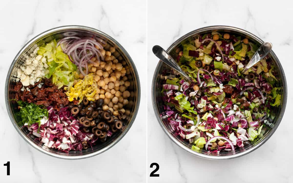 Combine the salad ingredients in a large bowl. Then stir them together.