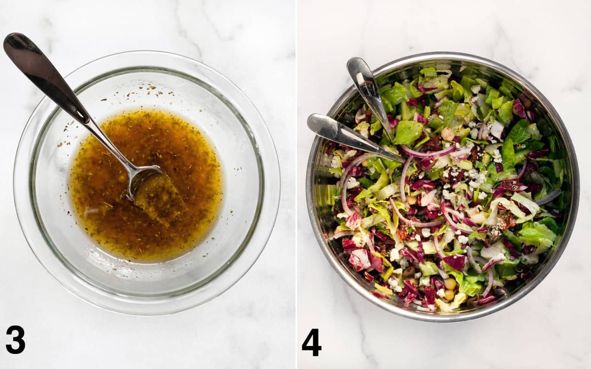 Whisk together the vinaigrette in a small bowl. Then drizzle it into the salad tossing to combine.