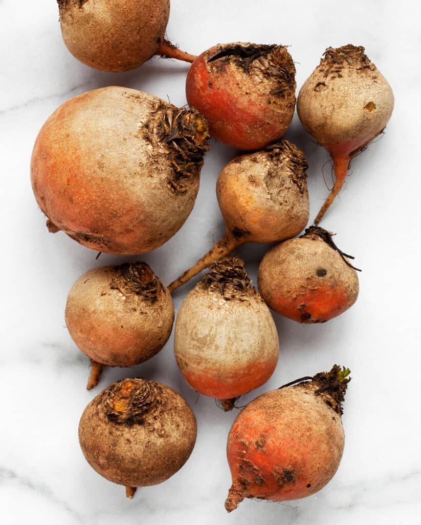Golden beets before they have been prepared for roasting
