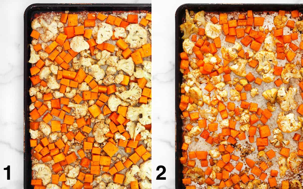 Butternut squash and cauliflower on a sheet pen before and after they roast.