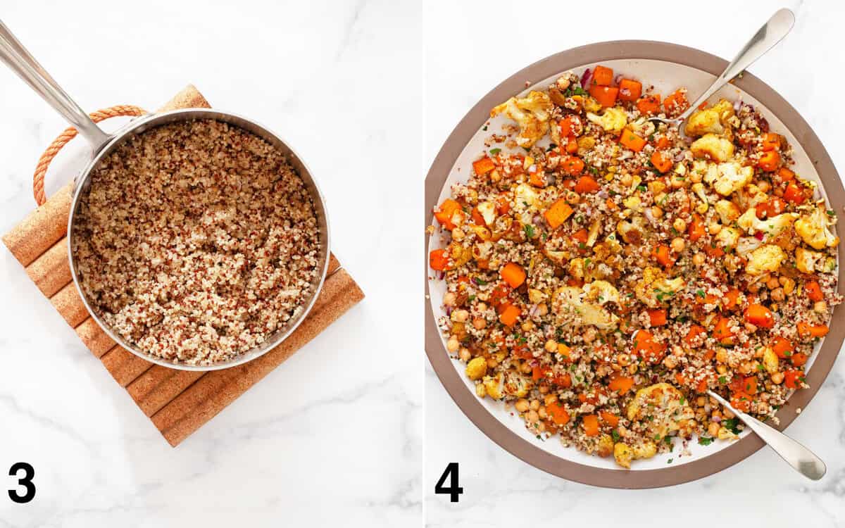 Quinoa in a small pot. Roasted butternut squash and cauliflower tossed with quinoa and the rest of the ingredients in a large bowl.