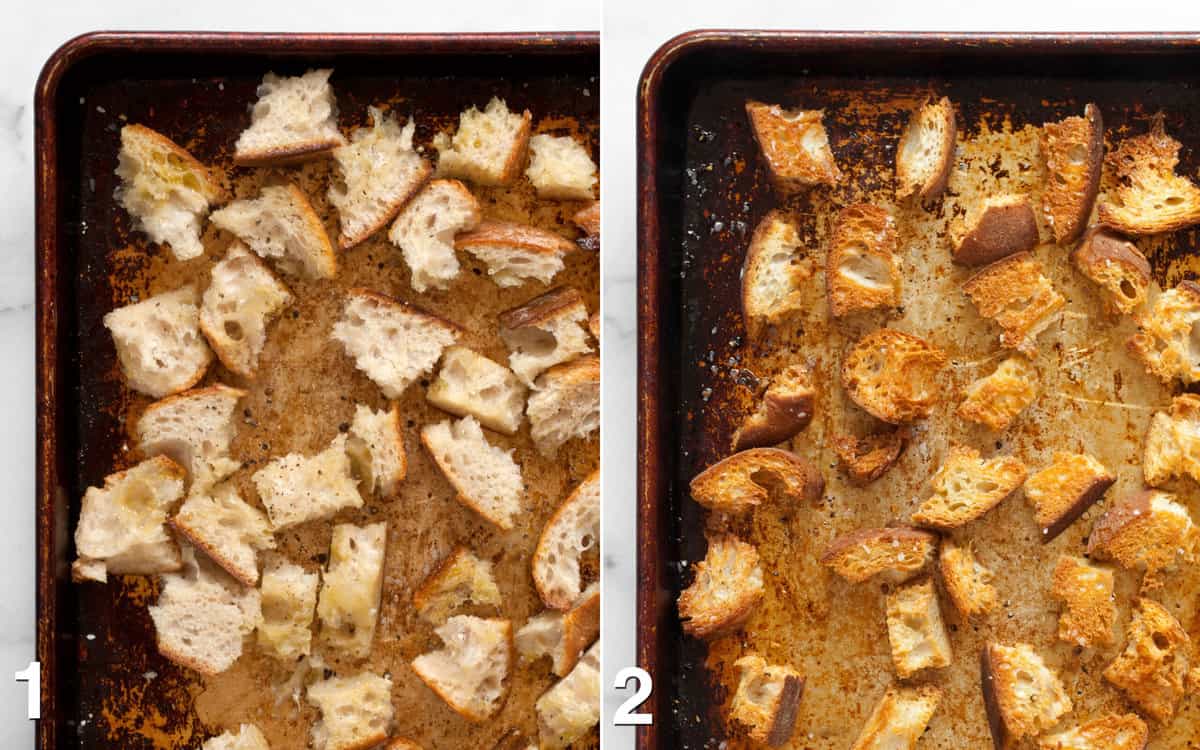 Bread on sheet pan before and after it is toasted.
