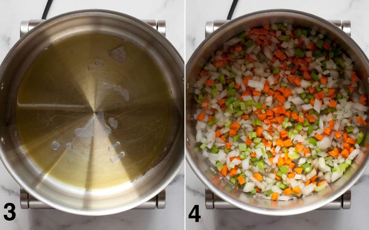 Olive oil heating in a large saucepan. Carrots, onions and celery sauteing in pan.