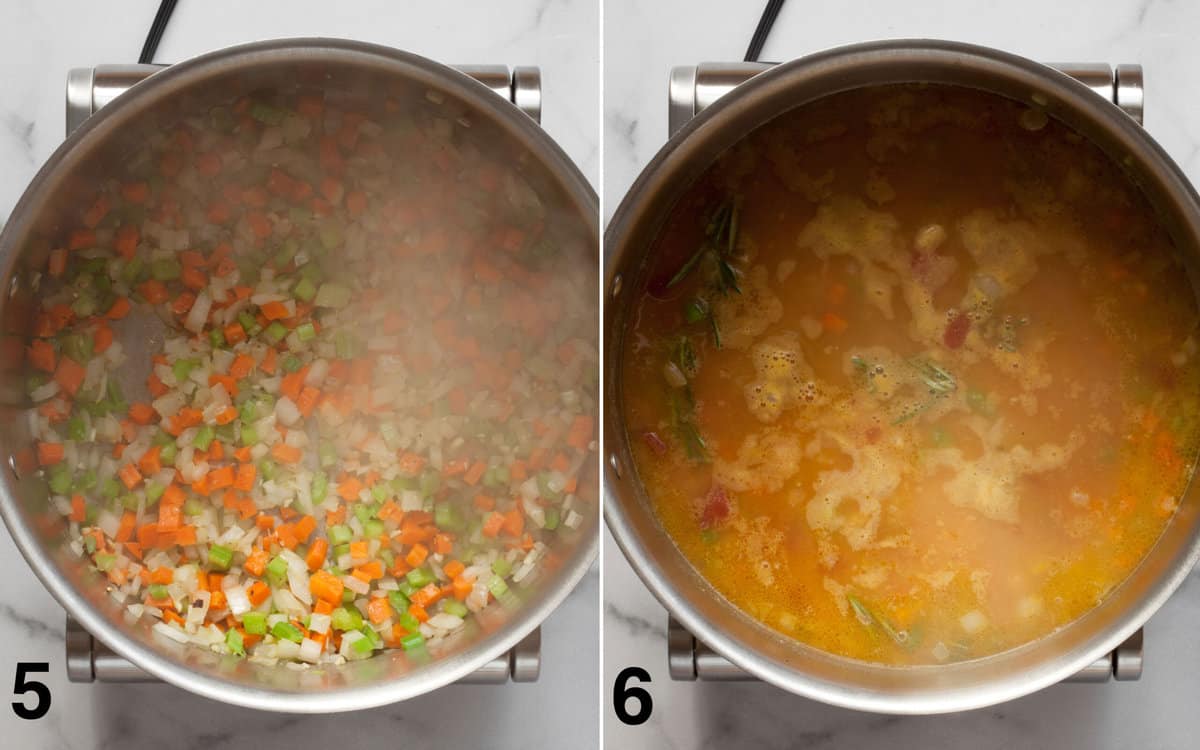 Garlic and spices stirred into sauteed onions, carrots and celery. Broth, tomatoes and beans simmering in pot.