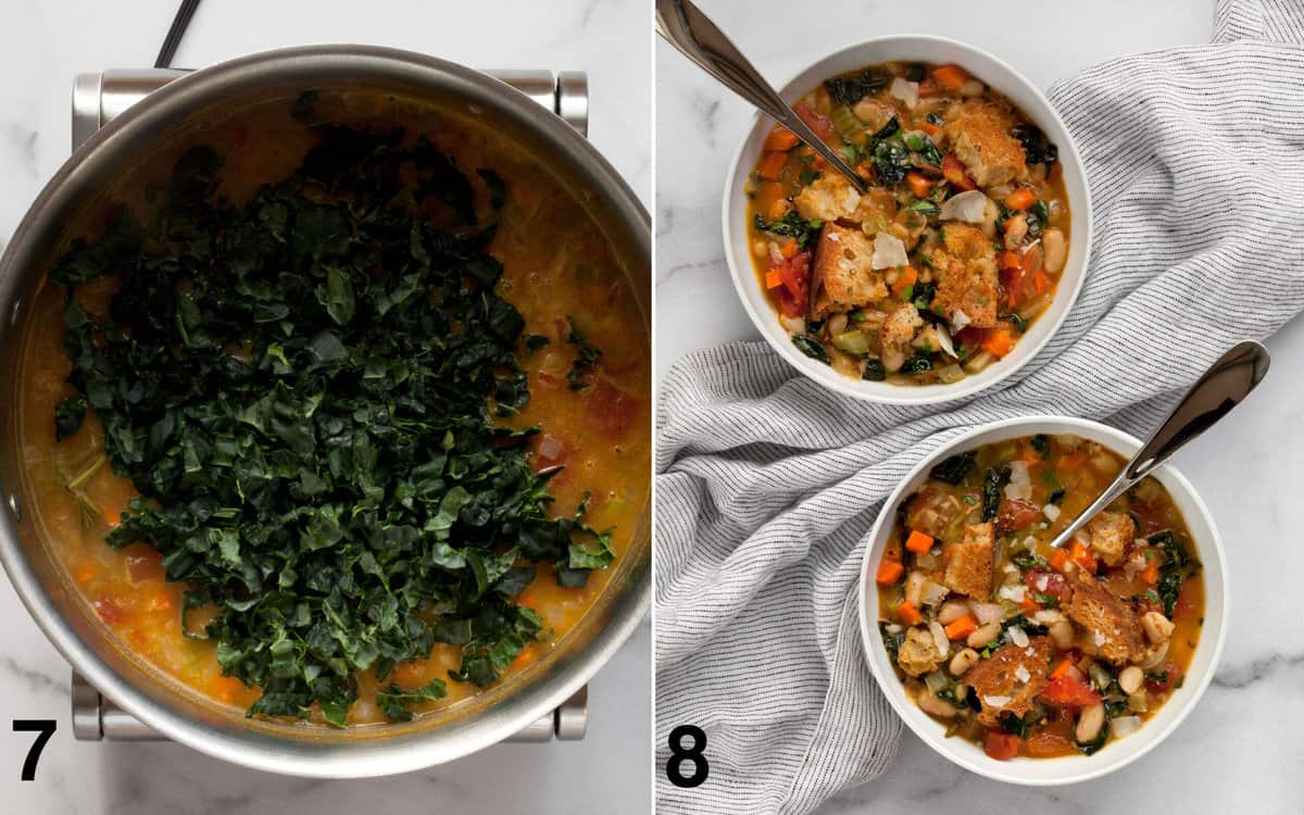 Kale stirred into soup. Two bowls of soup garnished with croutons, Parmesan and parsley.