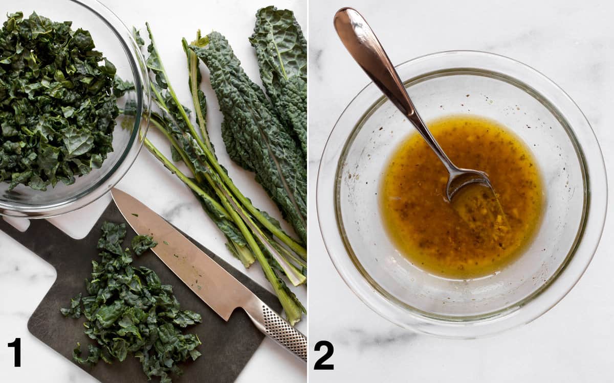 Kale leaves torn from center ribs and roughly chopped on a cutting board with a knife. Vinaigrette whisked in a small bowl.