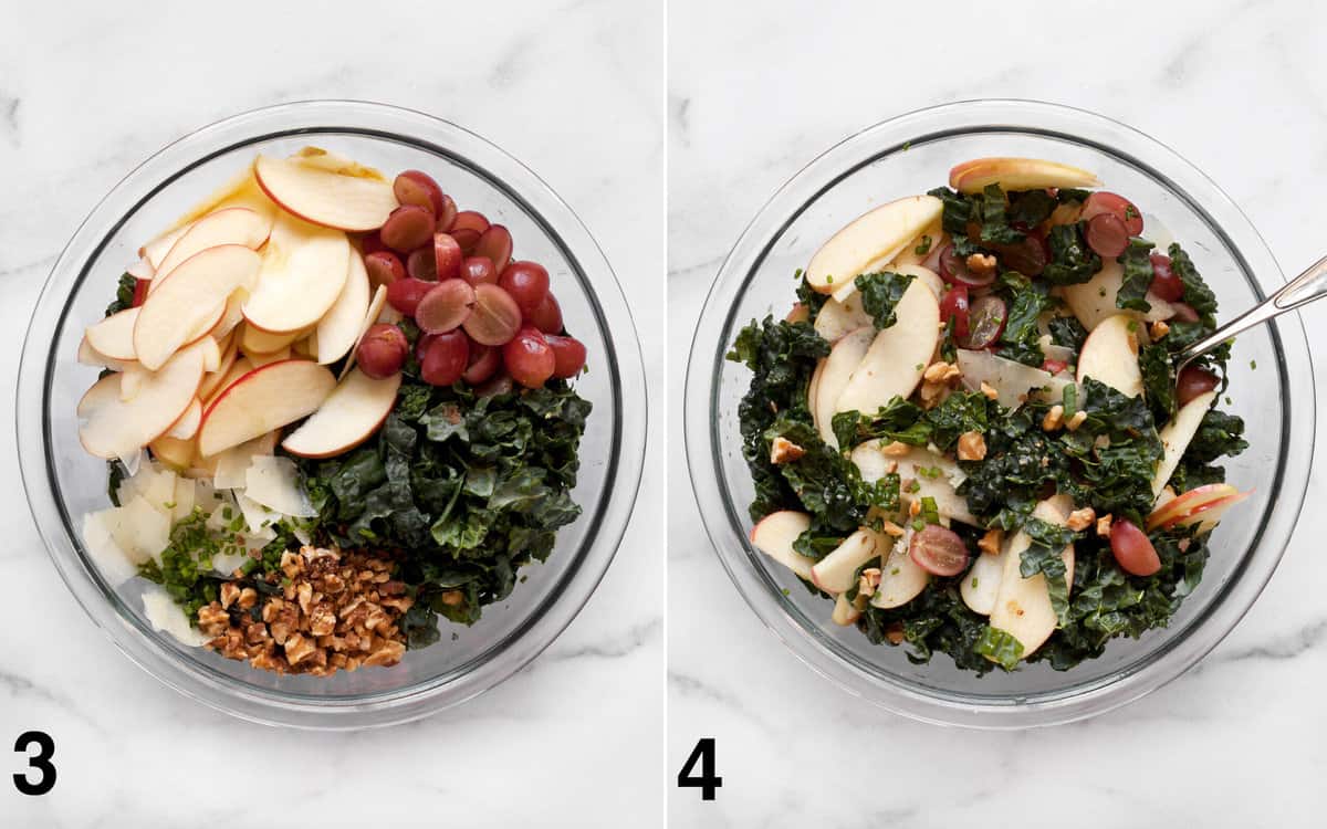 Apples, grapes, kale and nuts combined in a bowl and then tossed together.