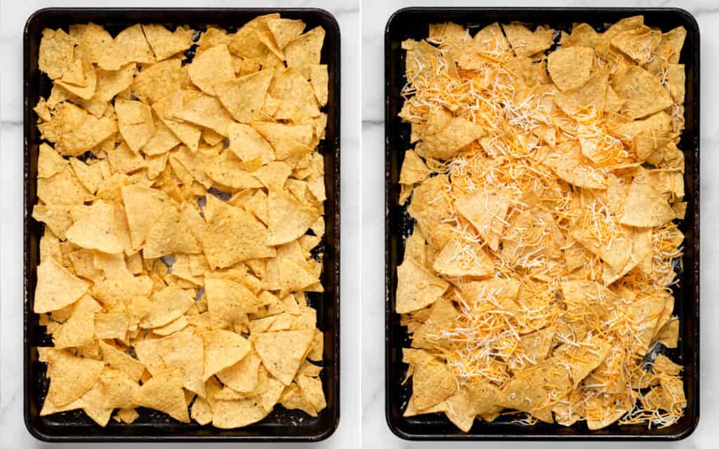 Steps showing how to assemble nachos on sheet pan