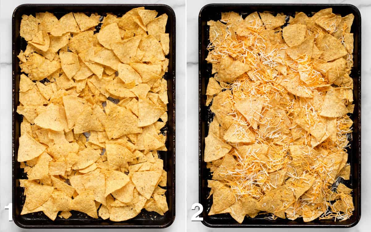Tortilla chips scatted across a sheet pan. Cheese sprinkled on chips.