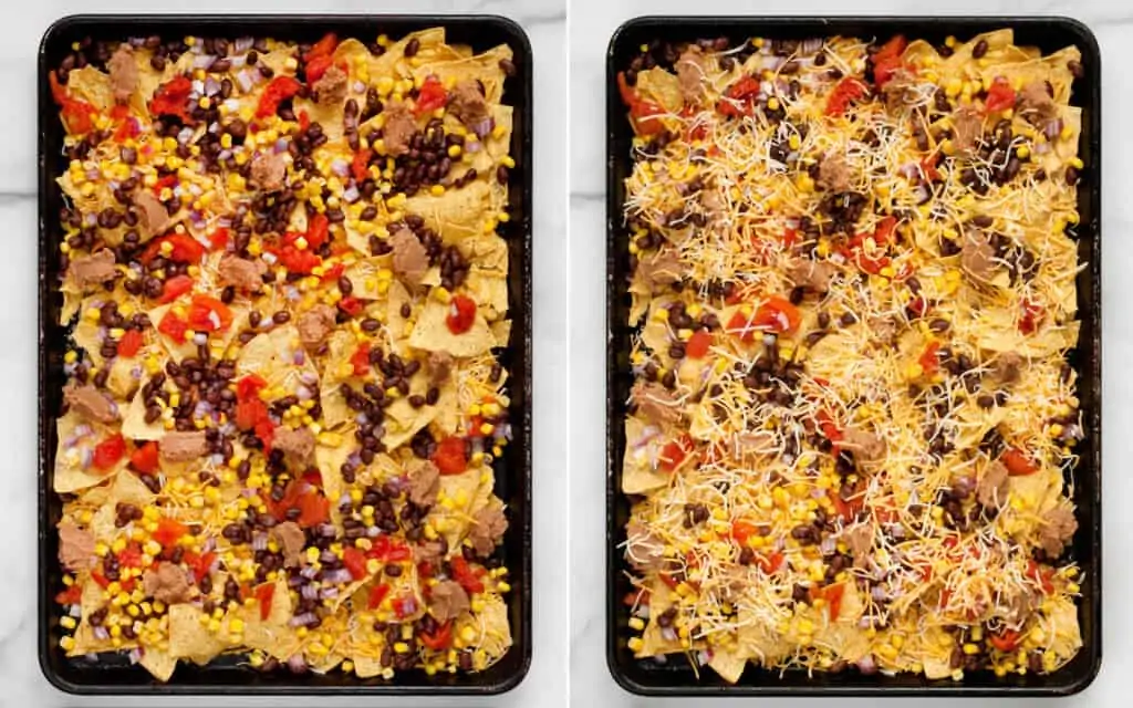 Steps showing how to assemble nachos on sheet pan