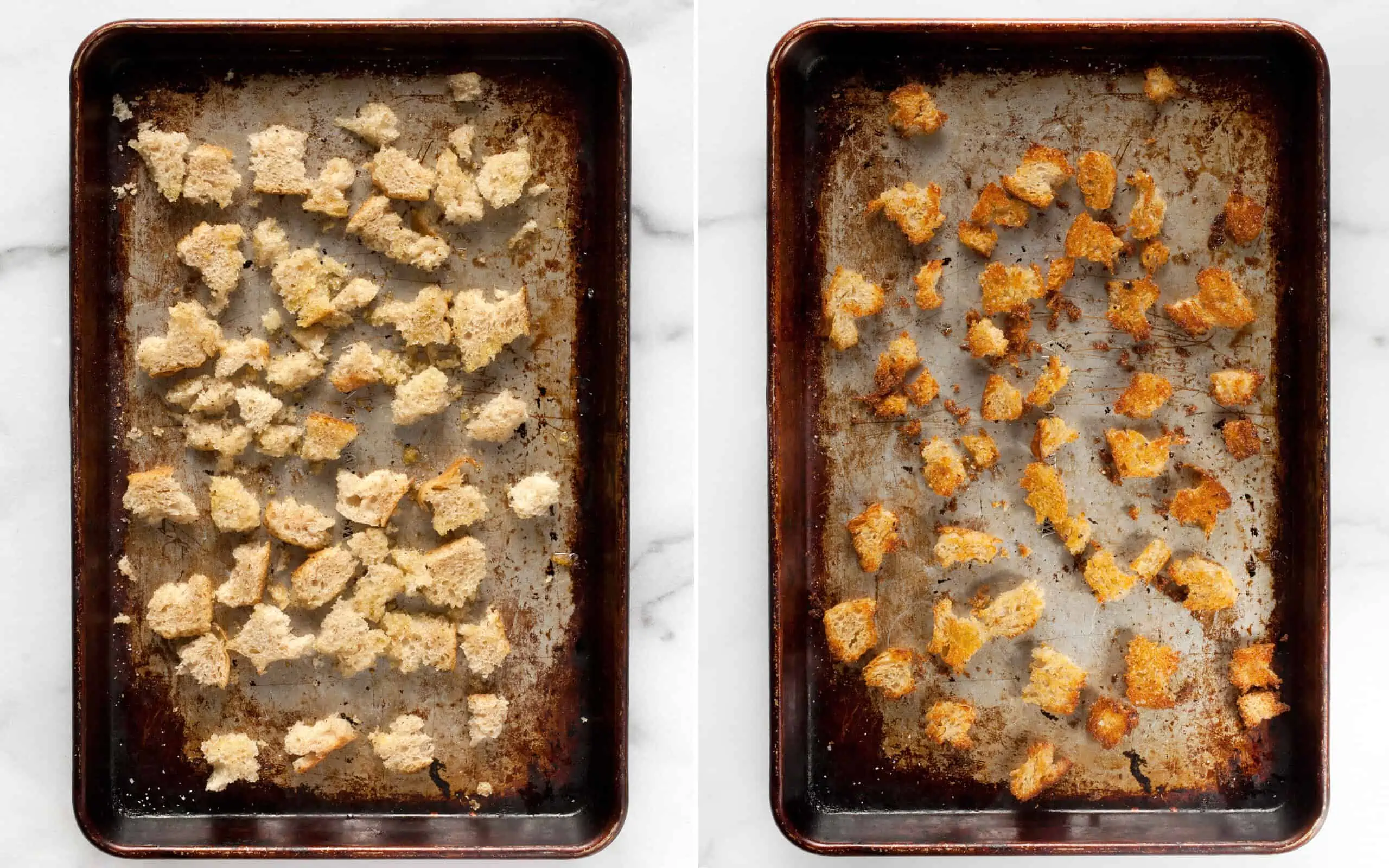 Bread on sheet pan before and after it is toasted in the oven to make croutons.