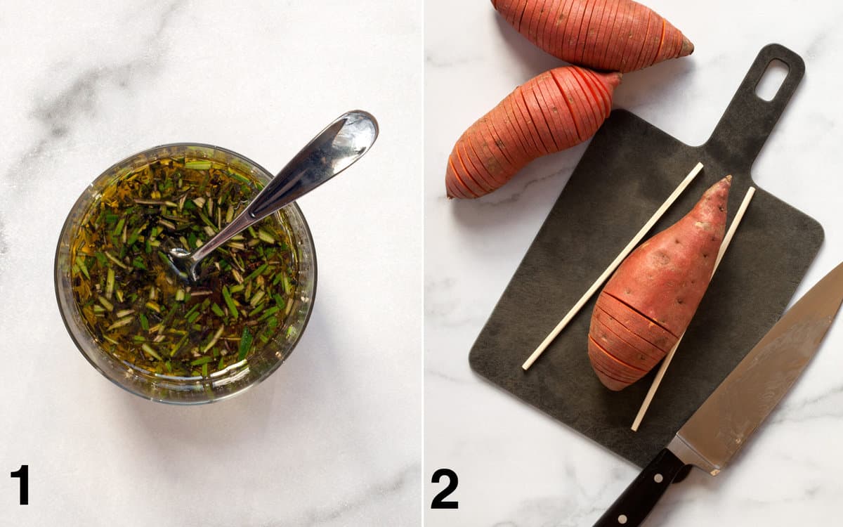 Herb oil in a small bowl. Sweet potato on a cutting board being sliced.