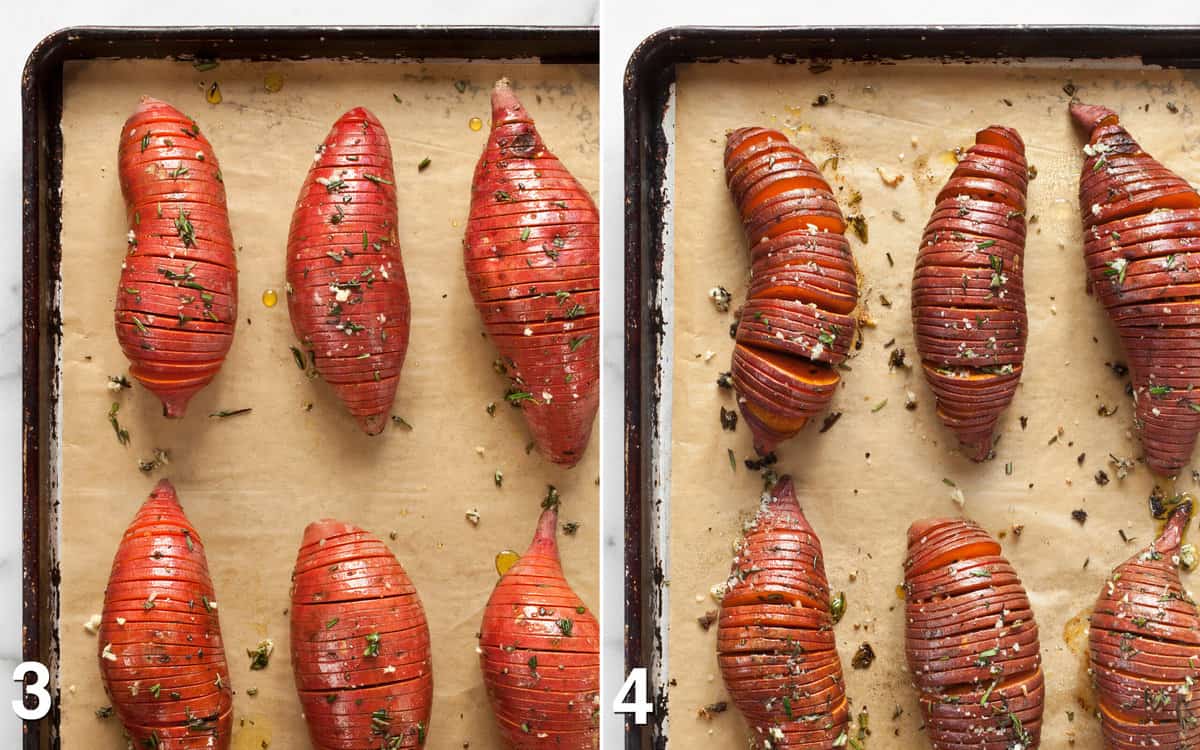 Hasselback potatoes on a sheet pan before and after they are baked.