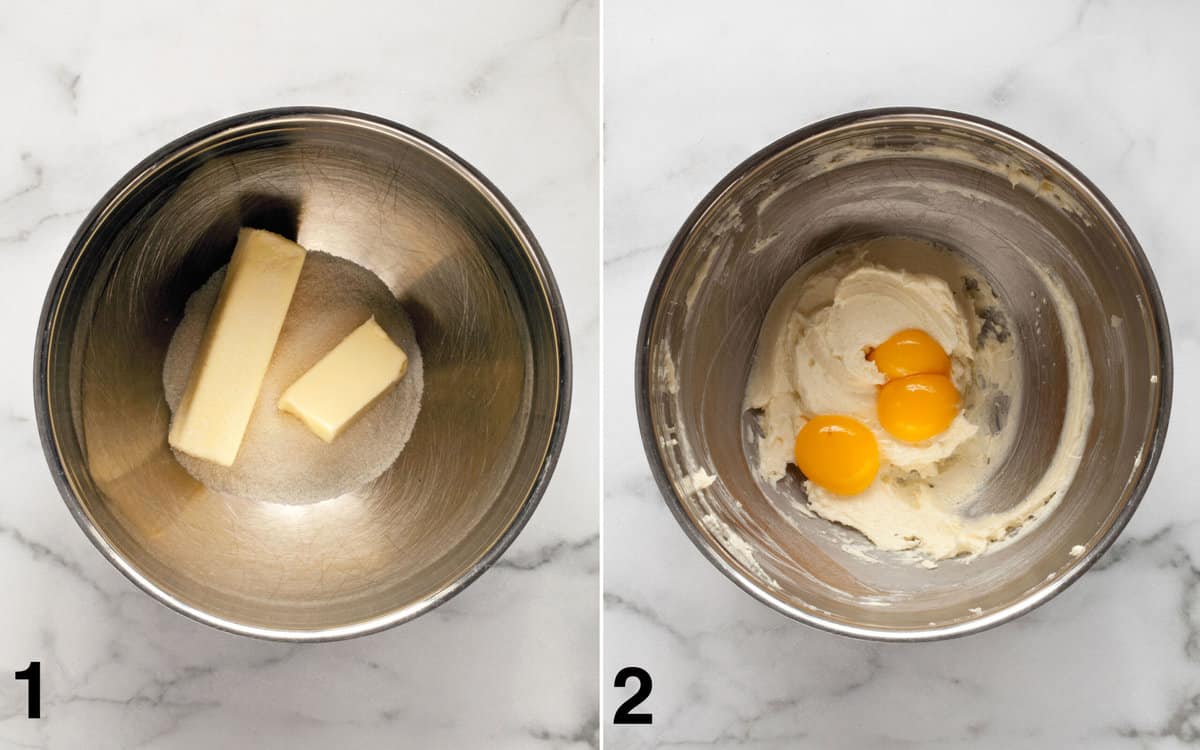 Butter and sugar and large bowl. Egg yolks in bowl with creamed butter and sugar.