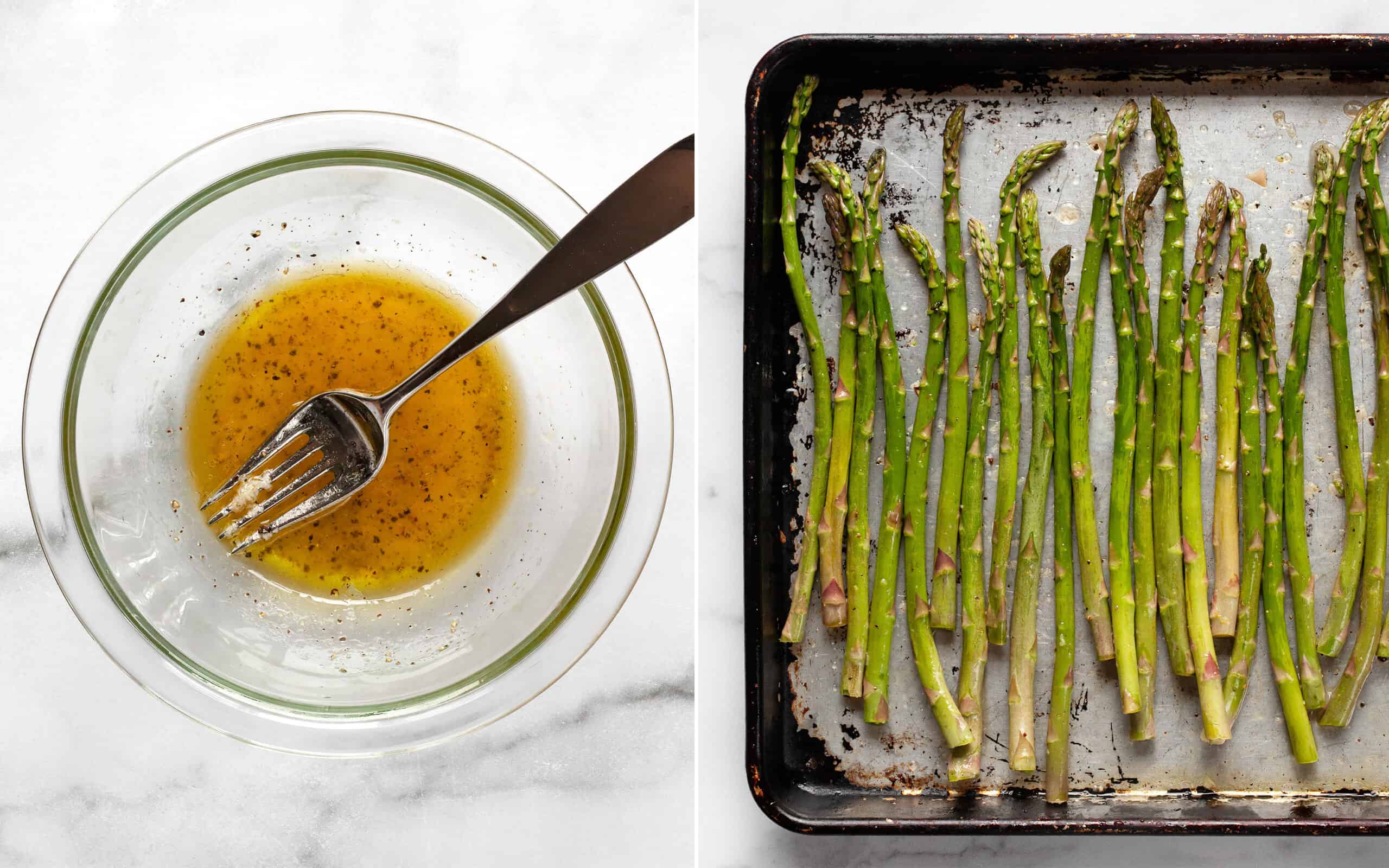 Whisk together the olive oil-lemon marinade in a bowl. Toss teh asparagus on the sheet pan in the marinade.