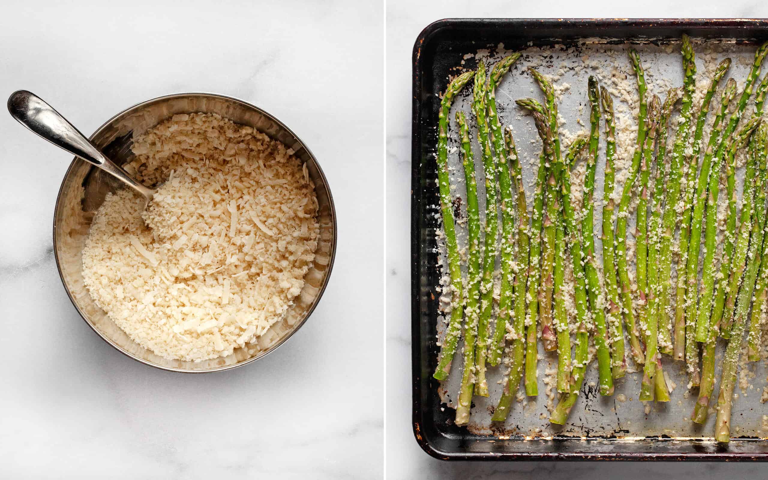 Combine the panko breadcrumbs ans Parmesan in a bowl. Sprinkle the asparagus on the sheet pan with the mixture.