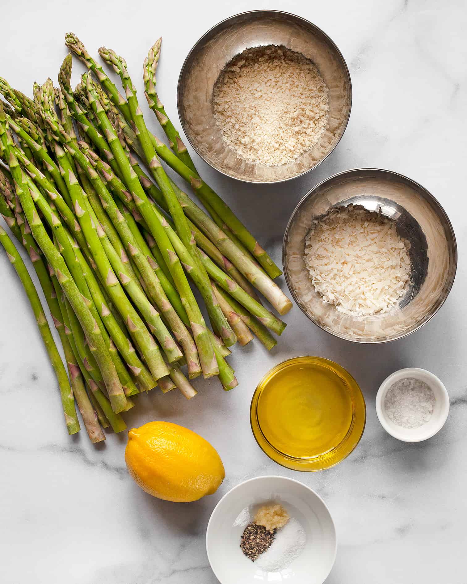 Ingredients including asparagus, lemon, garlic and panko breadcrumbs