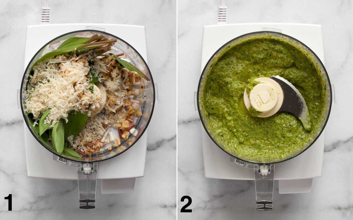 Ingredients for ramp pesto in a food processor before and after they are pureed.