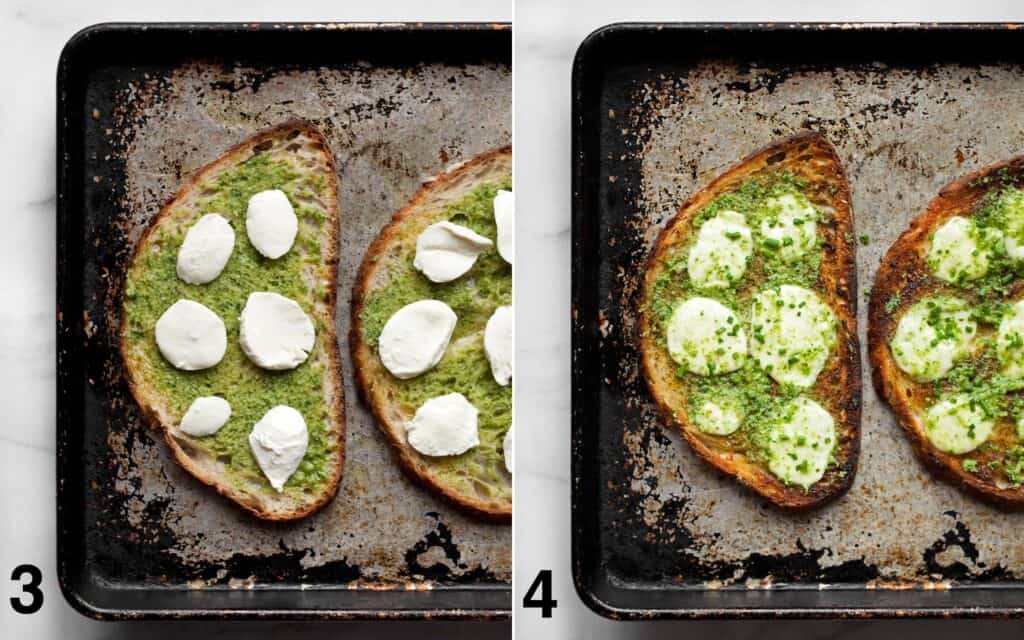 Garlic bread on a sheet pan before and after it is broiled.