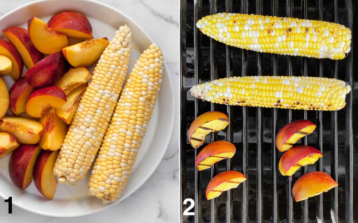 Drizzle the corn and peaches with olive oil. Then grill them.