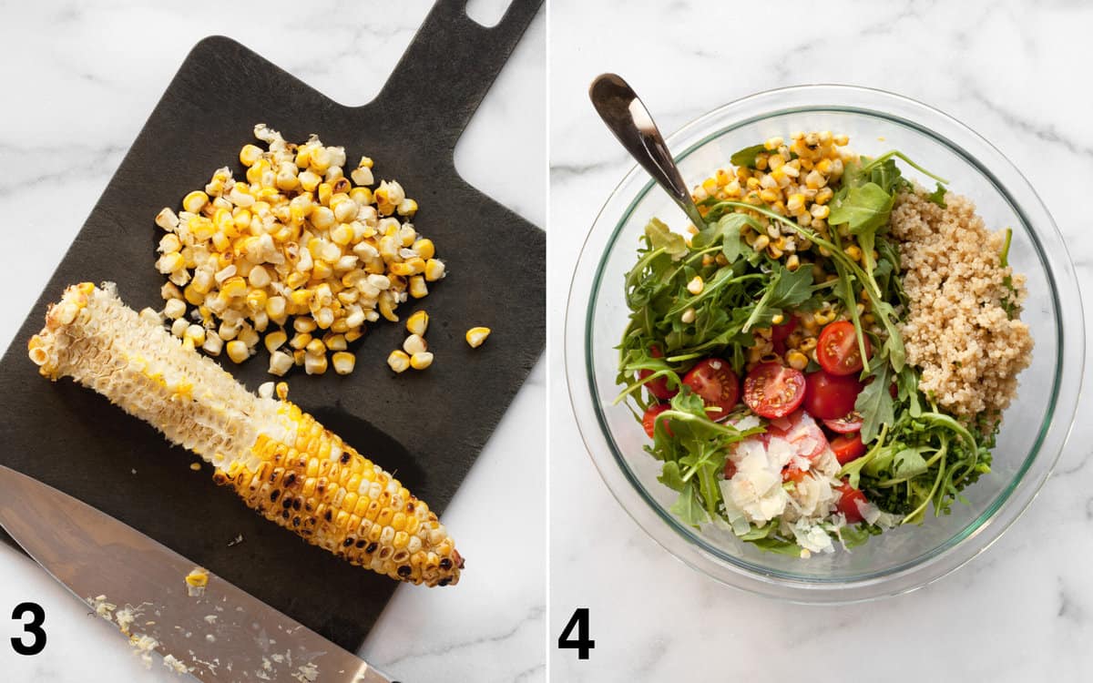 Use a knife to slice teh kernels off the corn cobs; combine the salad ingredients in a large bowl.