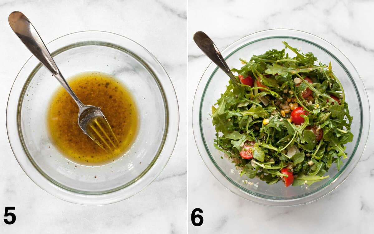 Whisk together the vinaigrette in a small dowl. Drizzle the vinaigrette into the salad and toss to combine.
