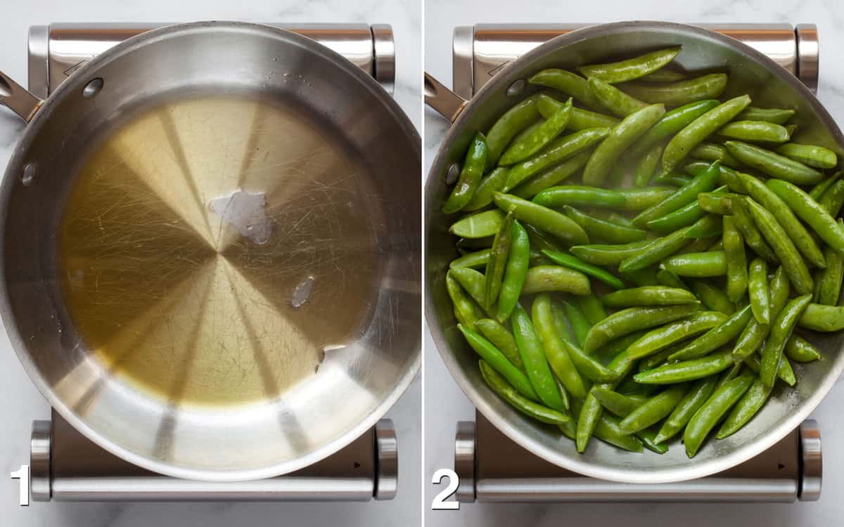 Heat the olive oil in a skillet. Sauté the snap peas and lemon juice.