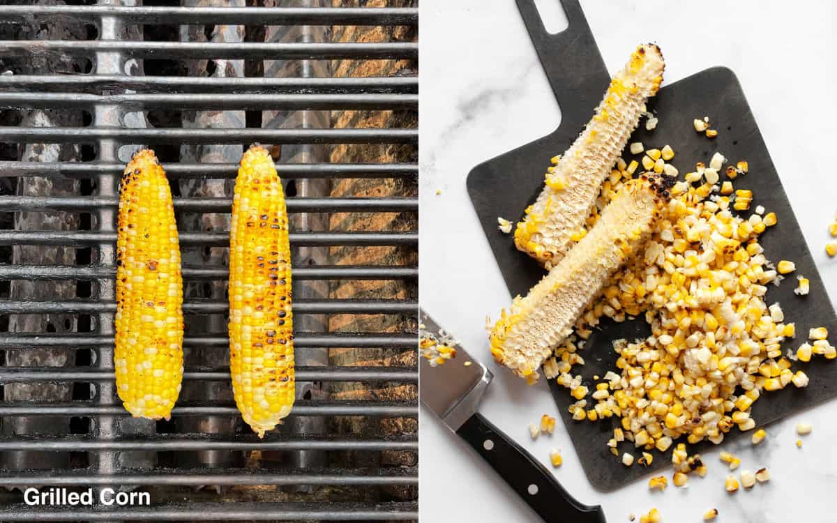 Two ears of corn on the grill. Kernels sliced off corn on a cutting board,=.