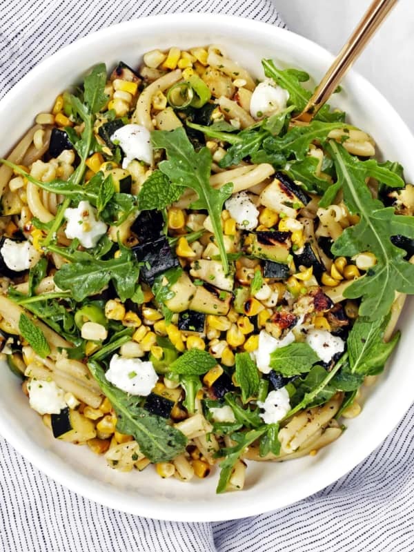 Grilled Corn, Zucchini and Mint Pesto Pasta