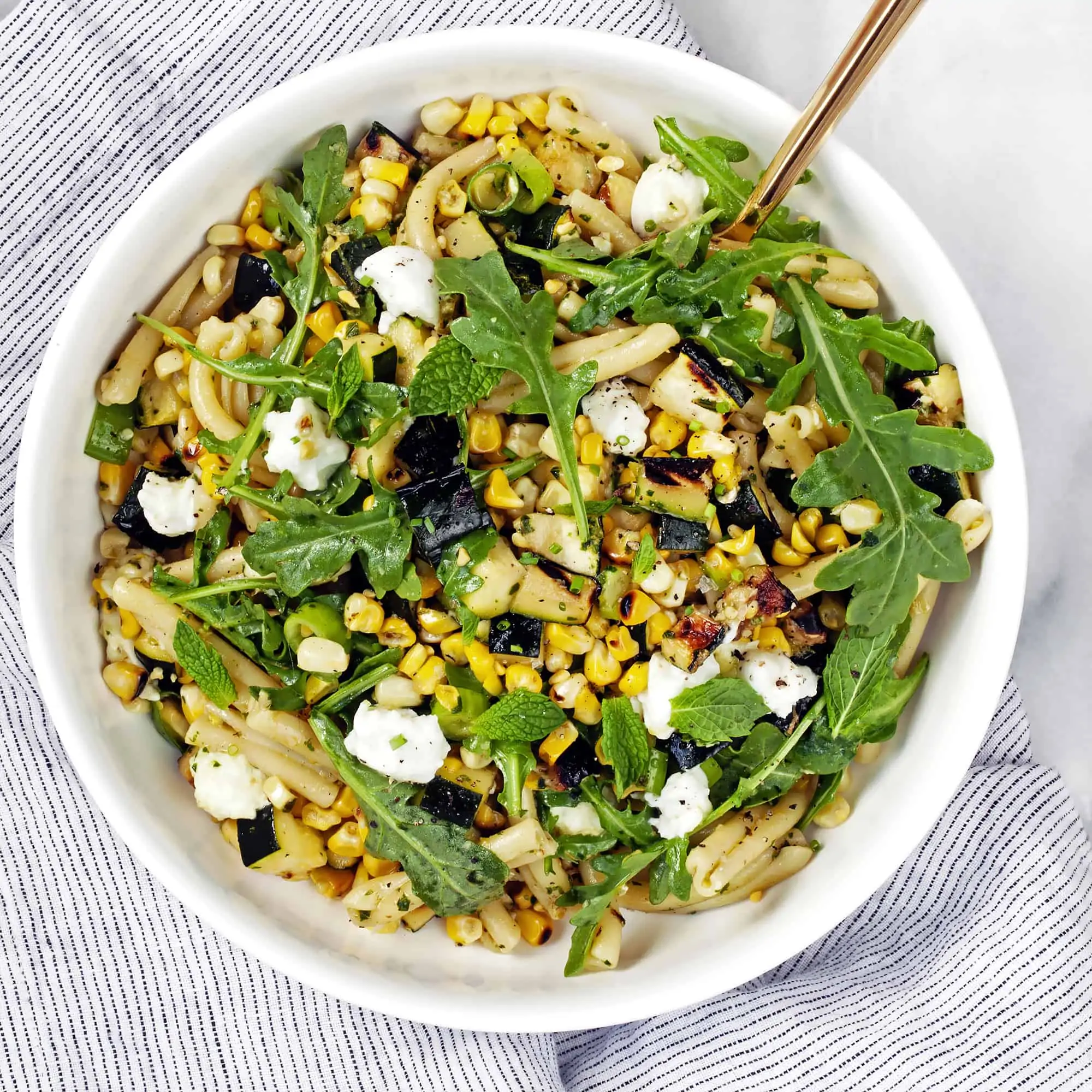 Grilled Corn, Zucchini and Mint Pesto Pasta