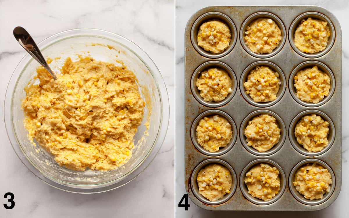 Muffin batter mixed in a bowl. Batter spooned into muffin pan.