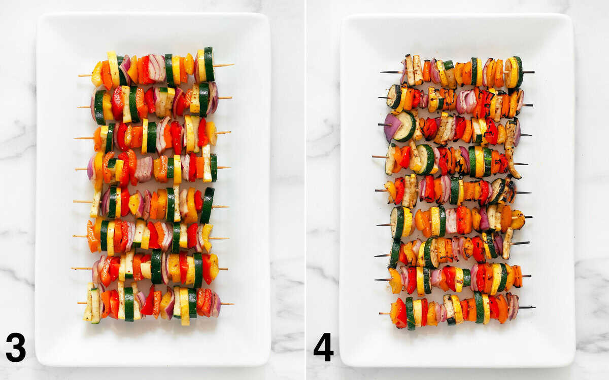 Vegetable skewers on a rectangular platter before and after you grill them.