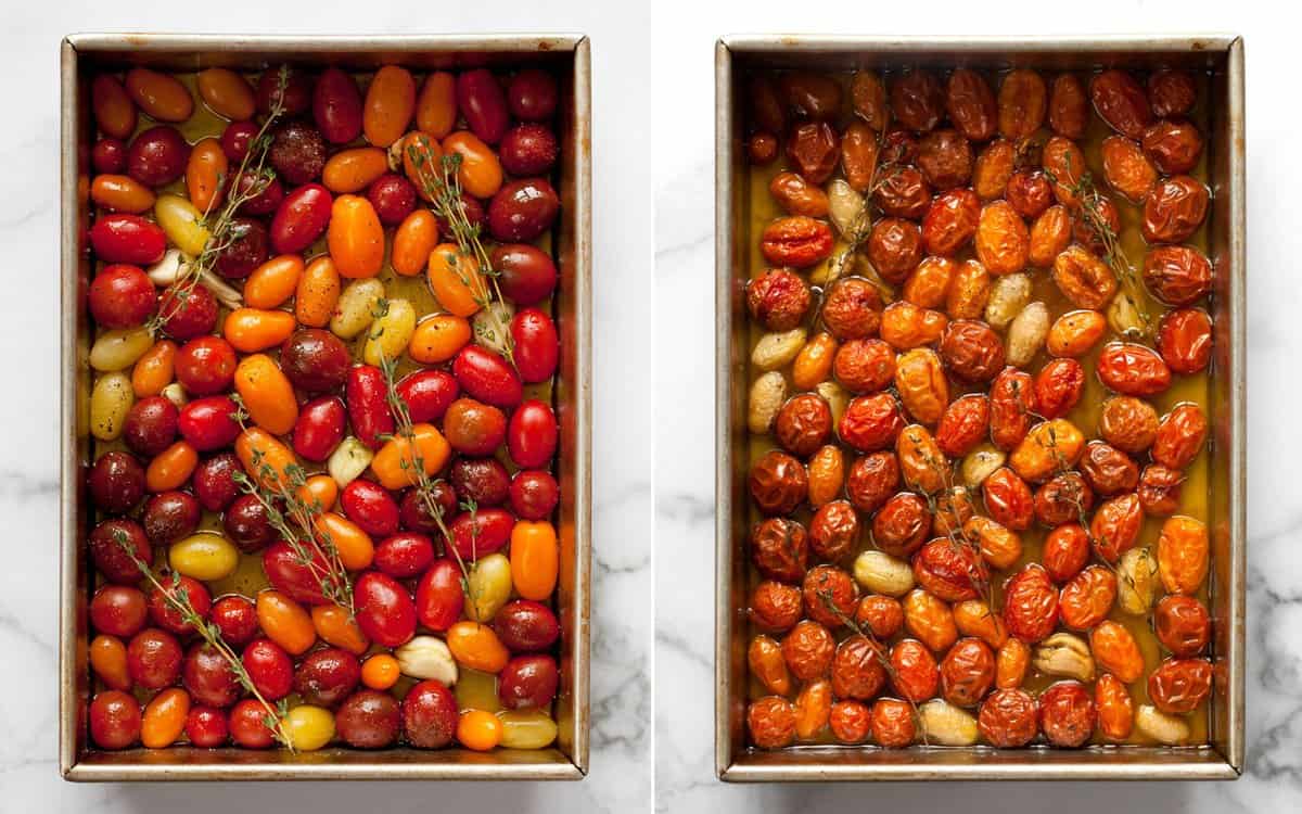 Tomatoes in a rectangular baking pan before and after they are slow roasted.