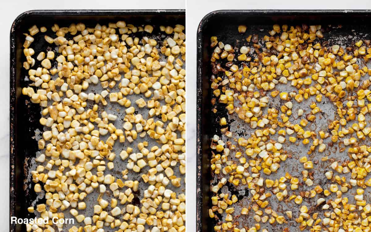 Corn on a sheet pan before and after it is roasted.