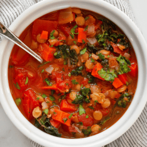 Bowl of green lentil soup.