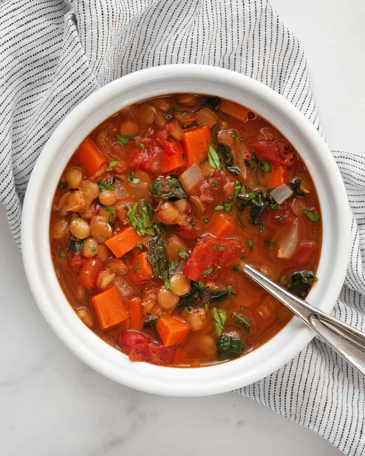 Bowl of tomato carrot lentil soup.