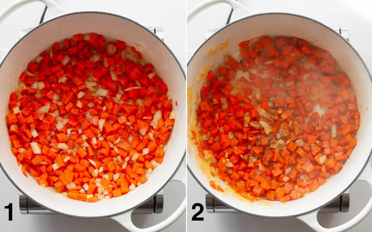 Onions and carrots sautéing in a large pot. Spices and garlic stirred into veggies.