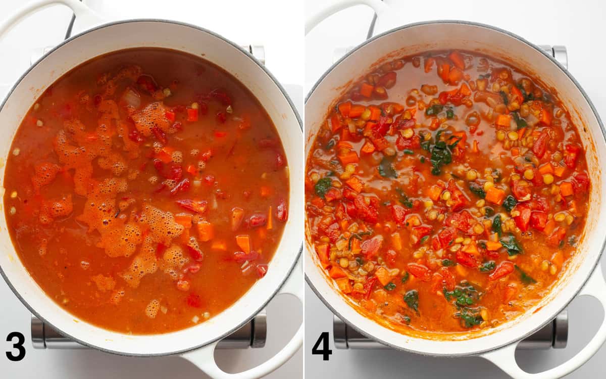 Soup simmering in pot. Kale leaves stirred into soup.